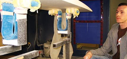 Johan eyeing a blank in his shaping room